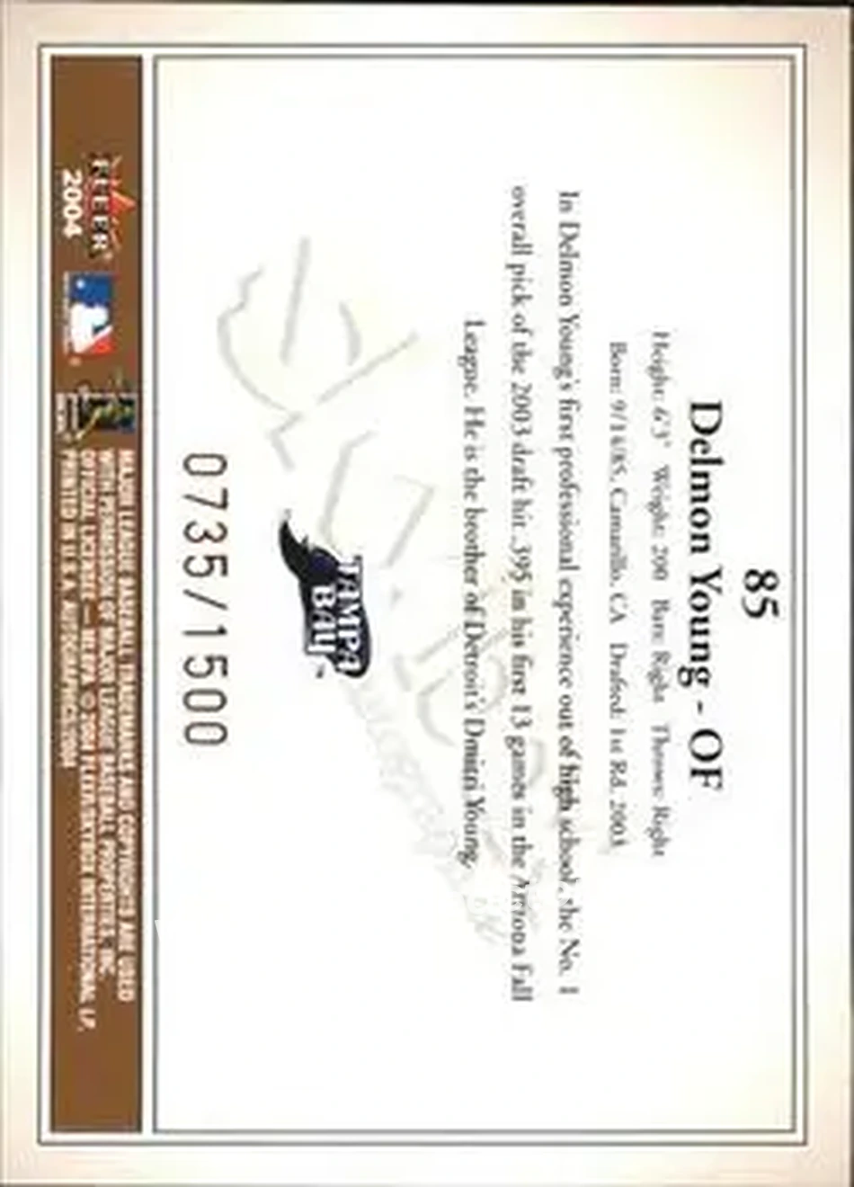 2004 SkyBox Autographics #85 - Delmon Young - Tampa Bay Devil Rays - Back