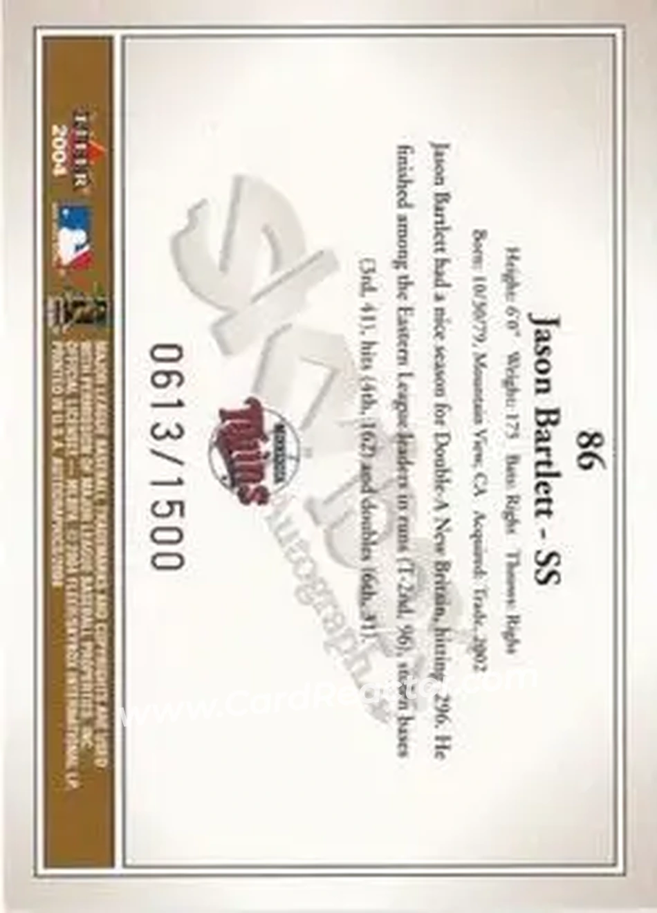 2004 SkyBox Autographics #86 - Jason Bartlett - Minnesota Twins - Back