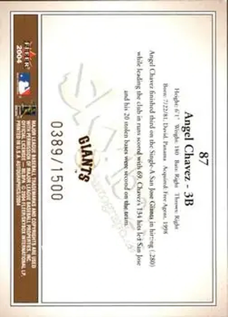 2004 SkyBox Autographics #87 - Angel Chavez - San Francisco Giants - Back