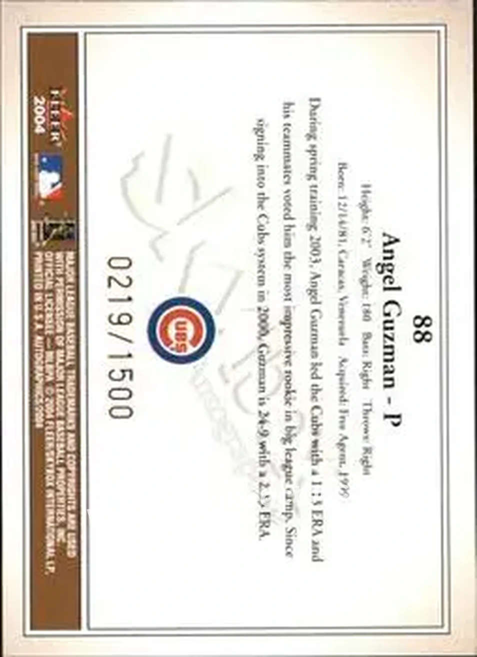 2004 SkyBox Autographics #88 - Angel Guzman - Chicago Cubs - Back