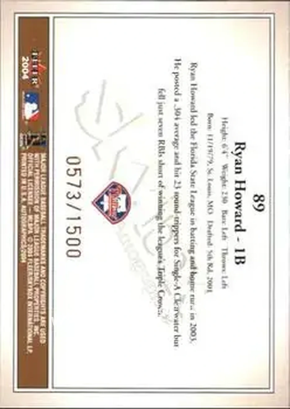 2004 SkyBox Autographics #89 - Ryan Howard - Philadelphia Phillies - Back