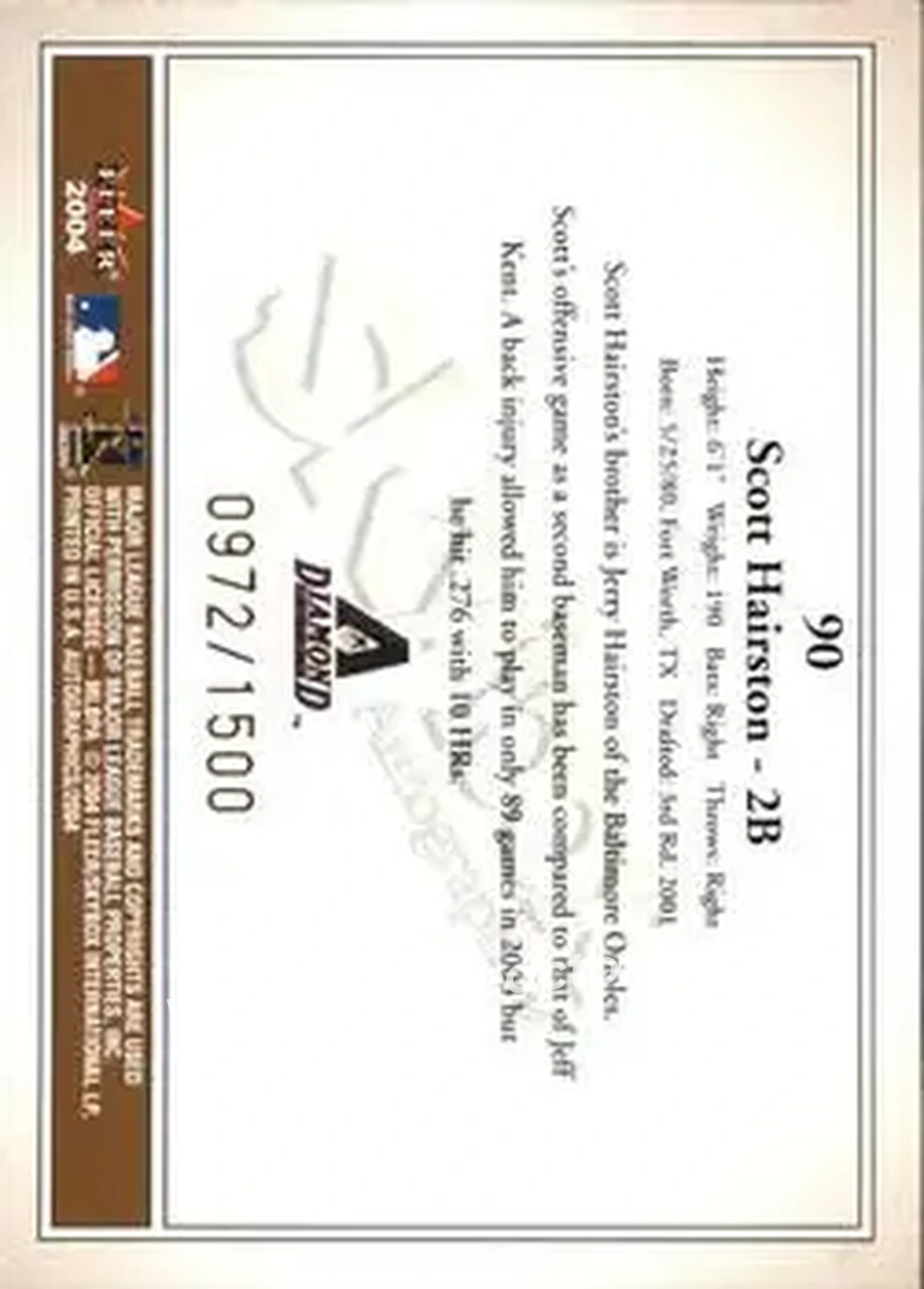 2004 SkyBox Autographics #90 - Scott Hairston - Arizona Diamondbacks - Back
