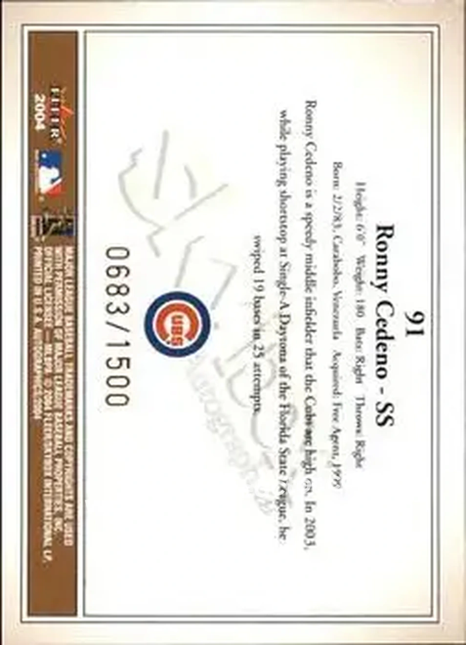 2004 SkyBox Autographics #91 - Ronny Cedeno - Chicago Cubs - Back