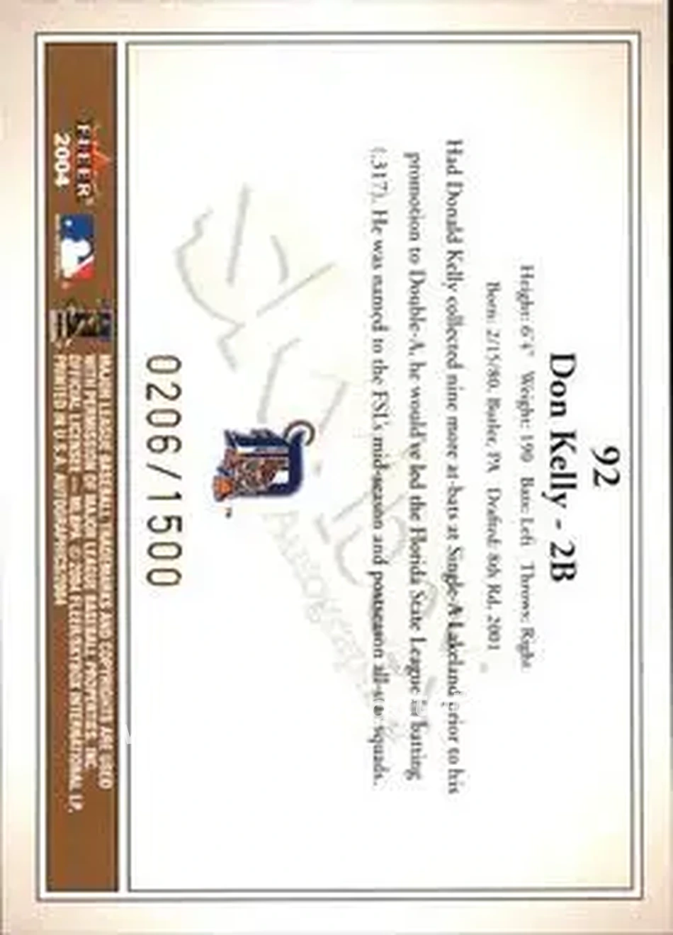 2004 SkyBox Autographics #92 - Don Kelly - Detroit Tigers - Back 2004 SkyBox Autographics #92 - Don Kelly - Detroit Tigers - Back