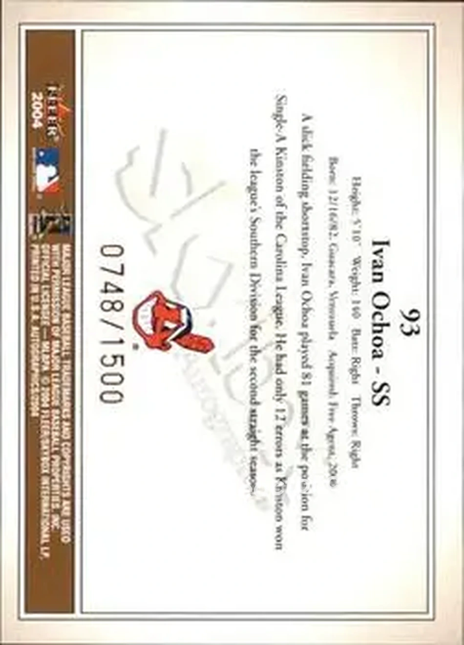 2004 SkyBox Autographics #93 - Ivan Ochoa - Cleveland Indians - Back 2004 SkyBox Autographics #93 - Ivan Ochoa - Cleveland Indians - Back