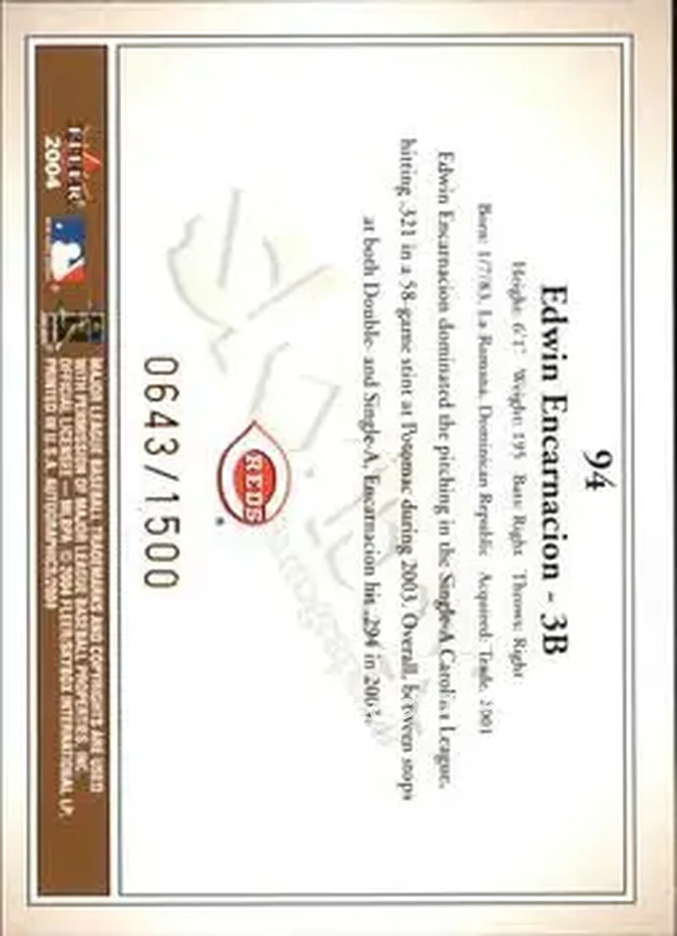 2004 SkyBox Autographics #94 - Edwin Encarnacion - Cincinnati Reds - Back 2004 SkyBox Autographics #94 - Edwin Encarnacion - Cincinnati Reds - Back