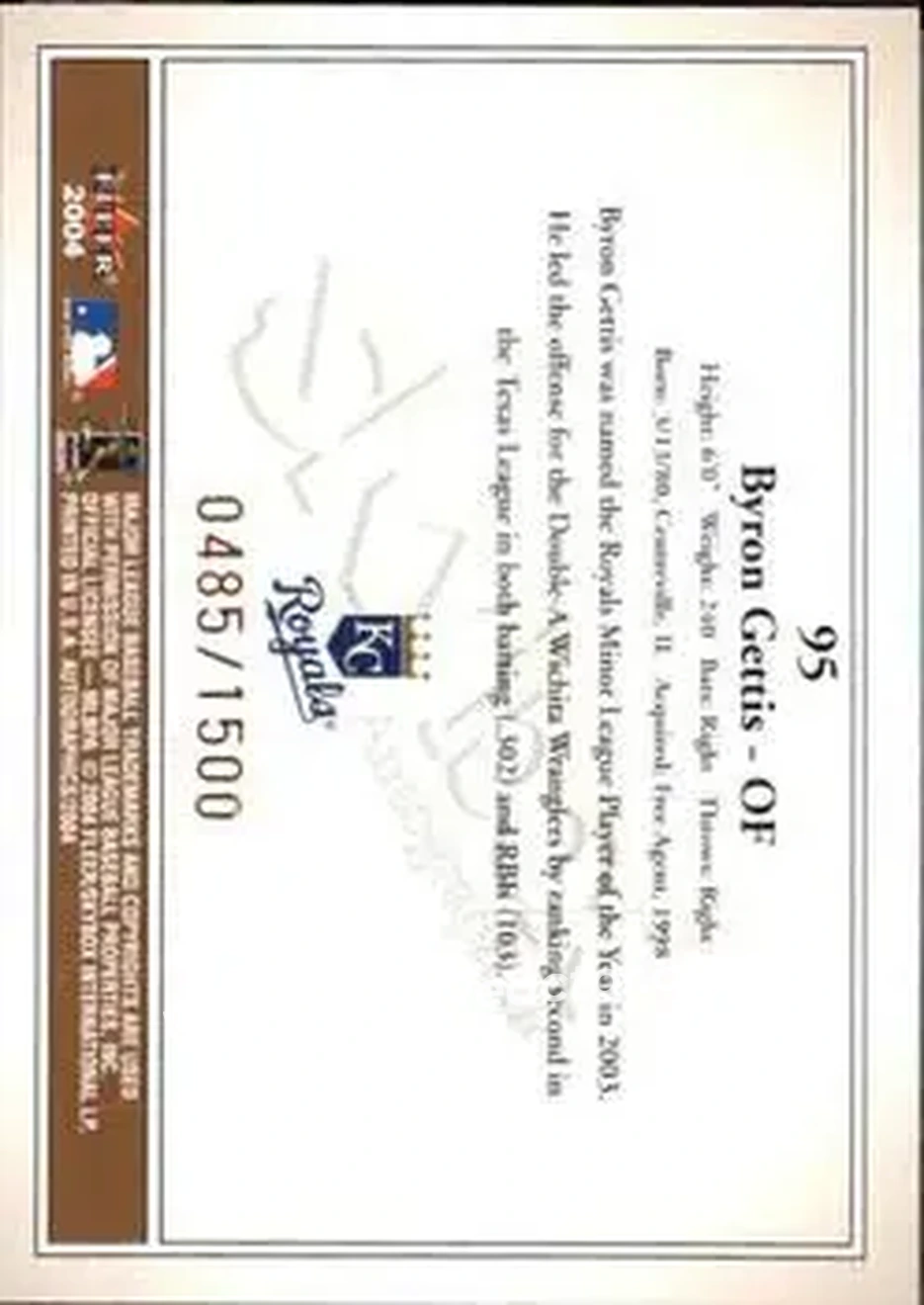 2004 SkyBox Autographics #95 - Byron Gettis - Kansas City Royals - Back 2004 SkyBox Autographics #95 - Byron Gettis - Kansas City Royals - Back
