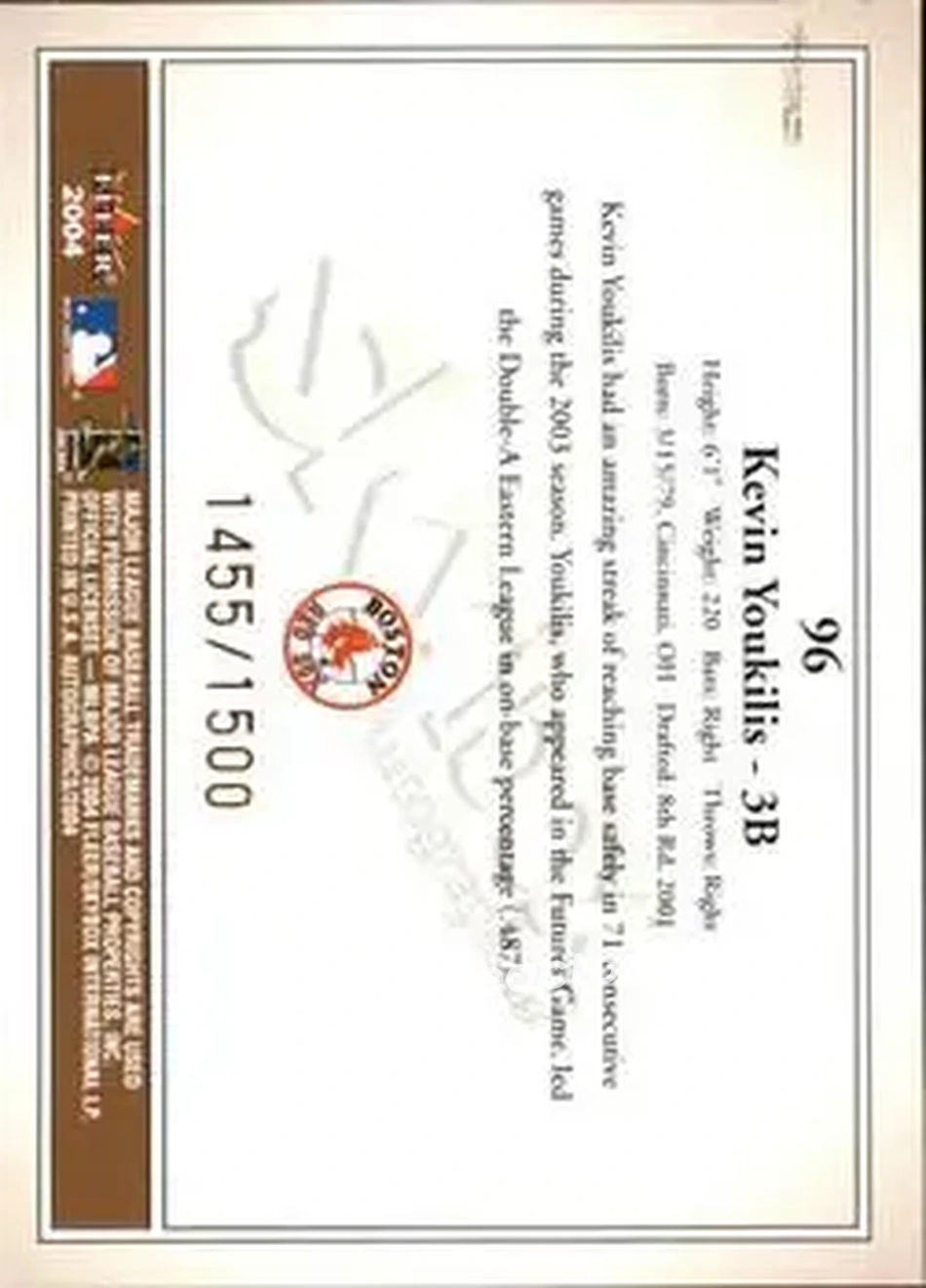 2004 SkyBox Autographics #96 - Kevin Youkilis - Boston Red Sox - Back
