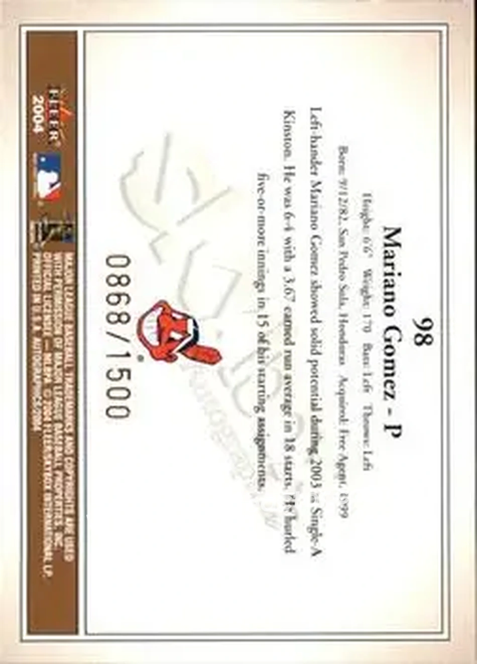 2004 SkyBox Autographics #98 - Mariano Gomez - Cleveland Indians - Back 2004 SkyBox Autographics #98 - Mariano Gomez - Cleveland Indians - Back