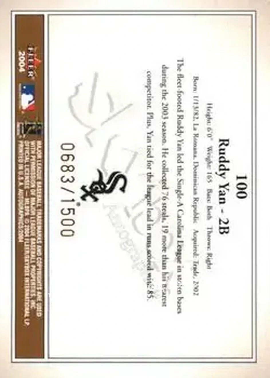 2004 SkyBox Autographics #100 - Ruddy Yan - Chicago White Sox - Back