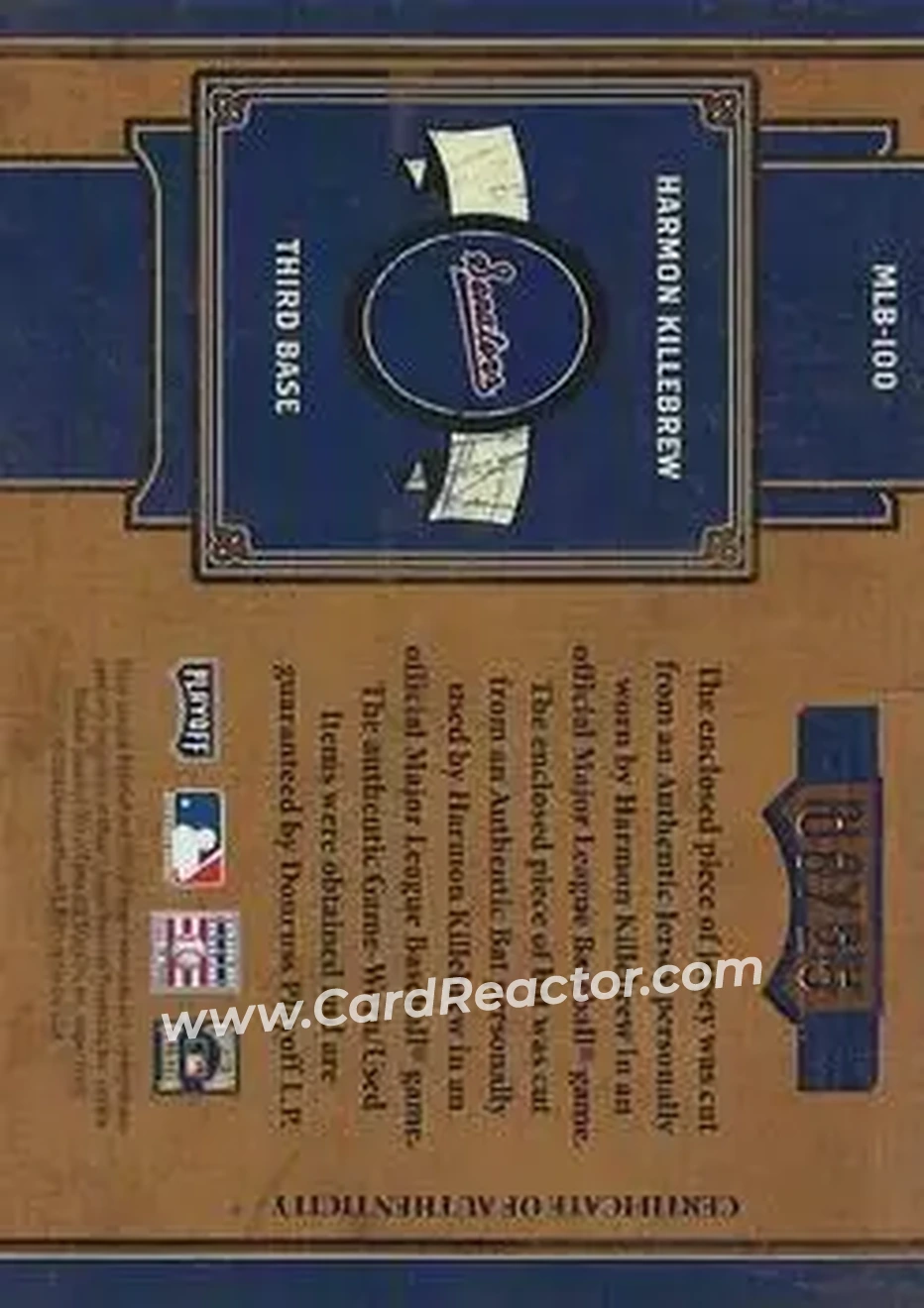 2004 Playoff Prime Cuts II - MLB Icons Material Combo #MLB-100 - Harmon Killebrew - Washington Senators - Back 2004 Playoff Prime Cuts II - MLB Icons Material Combo #MLB-100 - Harmon Killebrew - Washington Senators - Back