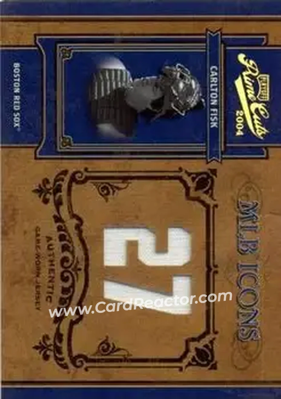 2004 Playoff Prime Cuts II - MLB Icons Material Number #MLB-11 - Carlton Fisk - Boston Red Sox - Front 2004 Playoff Prime Cuts II - MLB Icons Material Number #MLB-11 - Carlton Fisk - Boston Red Sox - Front
