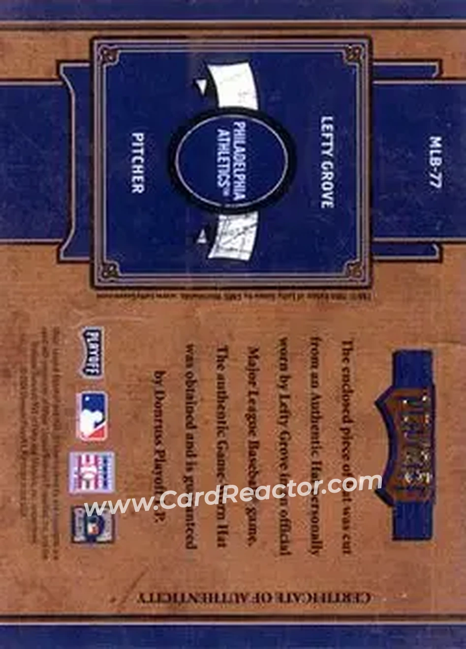 2004 Playoff Prime Cuts II - MLB Icons Material Number #MLB-77 - Lefty Grove - Philadelphia Athletics - Back 2004 Playoff Prime Cuts II - MLB Icons Material Number #MLB-77 - Lefty Grove - Philadelphia Athletics - Back