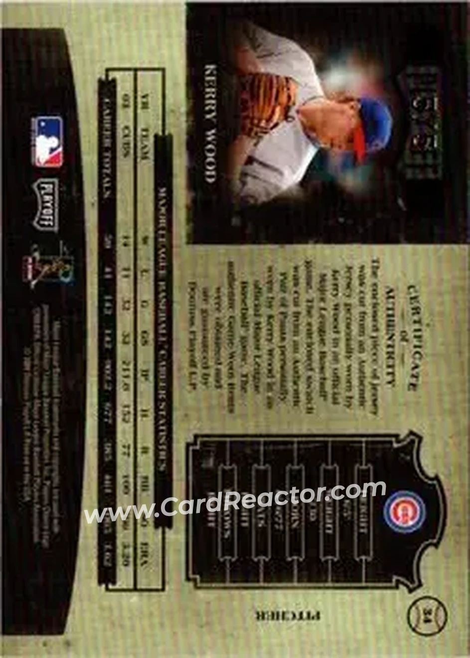 2004 Playoff Prime Cuts II - Signature Material Combo Prime #34 - Kerry Wood - Chicago Cubs - Back