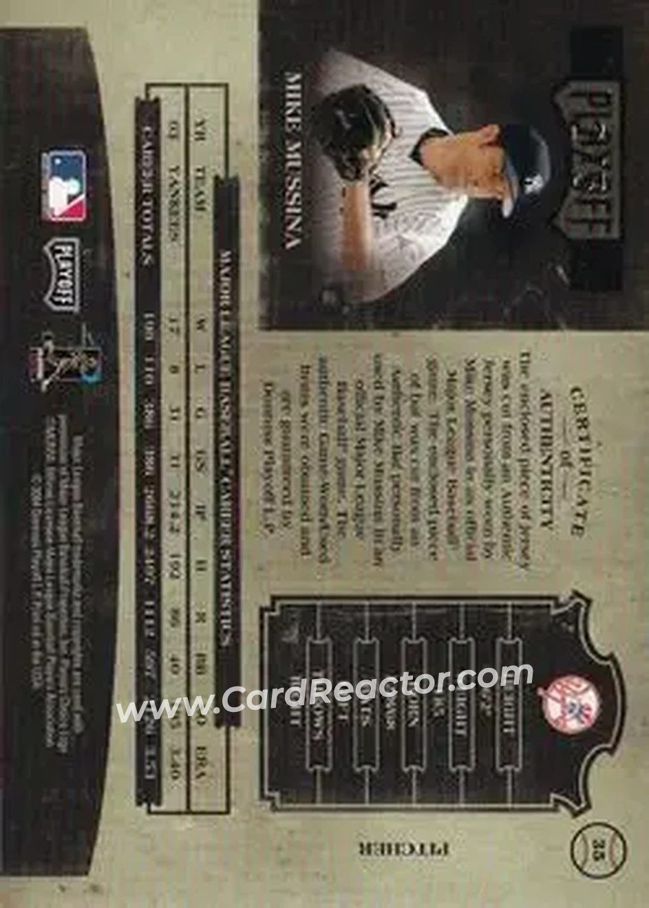 2004 Playoff Prime Cuts II - Signature Material Combo Prime #35 - Mike Mussina - New York Yankees - Back
