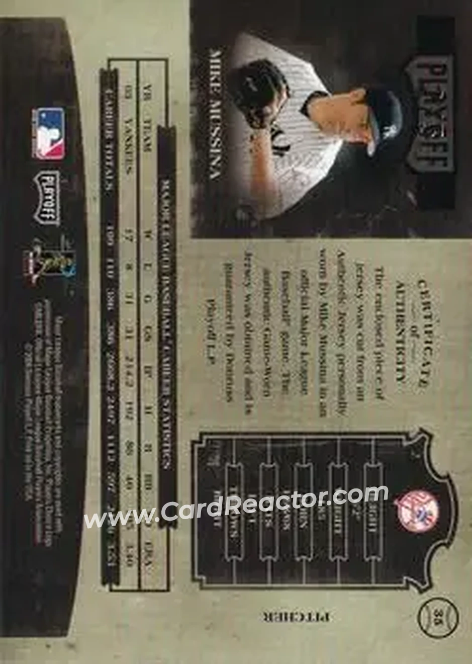 2004 Playoff Prime Cuts II - Signature Material Number #35 - Mike Mussina - New York Yankees - Back