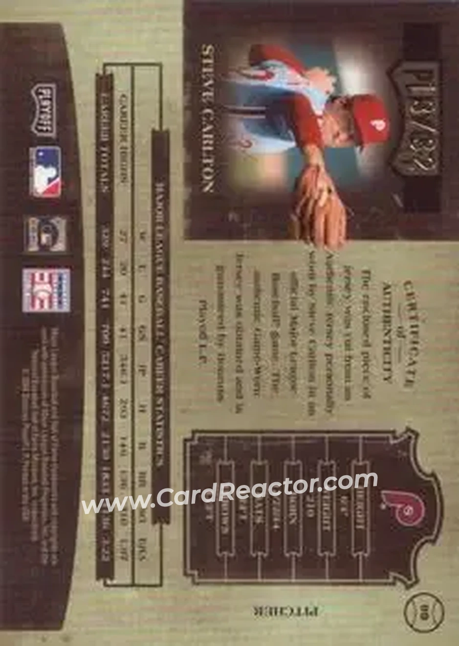 2004 Playoff Prime Cuts II - Signature Material Number #99 - Steve Carlton - Philadelphia Phillies - Back