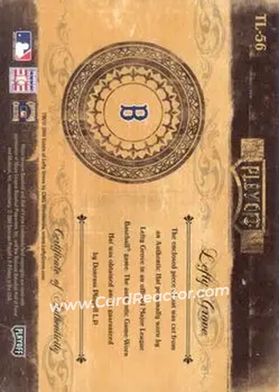 2004 Playoff Prime Cuts II - Timeline Material Number #TL-56 - Lefty Grove - Boston Red Sox - Back