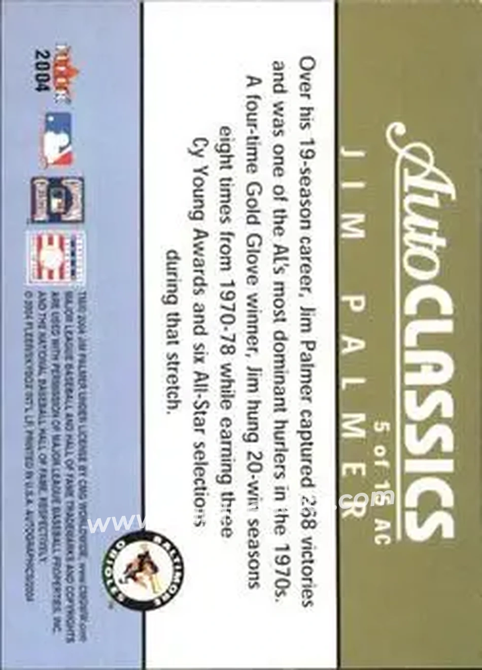 2004 SkyBox Autographics - Autoclassics #5 AC - Jim Palmer - Baltimore Orioles - Back