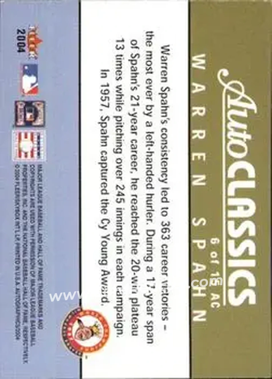 2004 SkyBox Autographics - Autoclassics #6 AC - Warren Spahn - Milwaukee Braves - Back