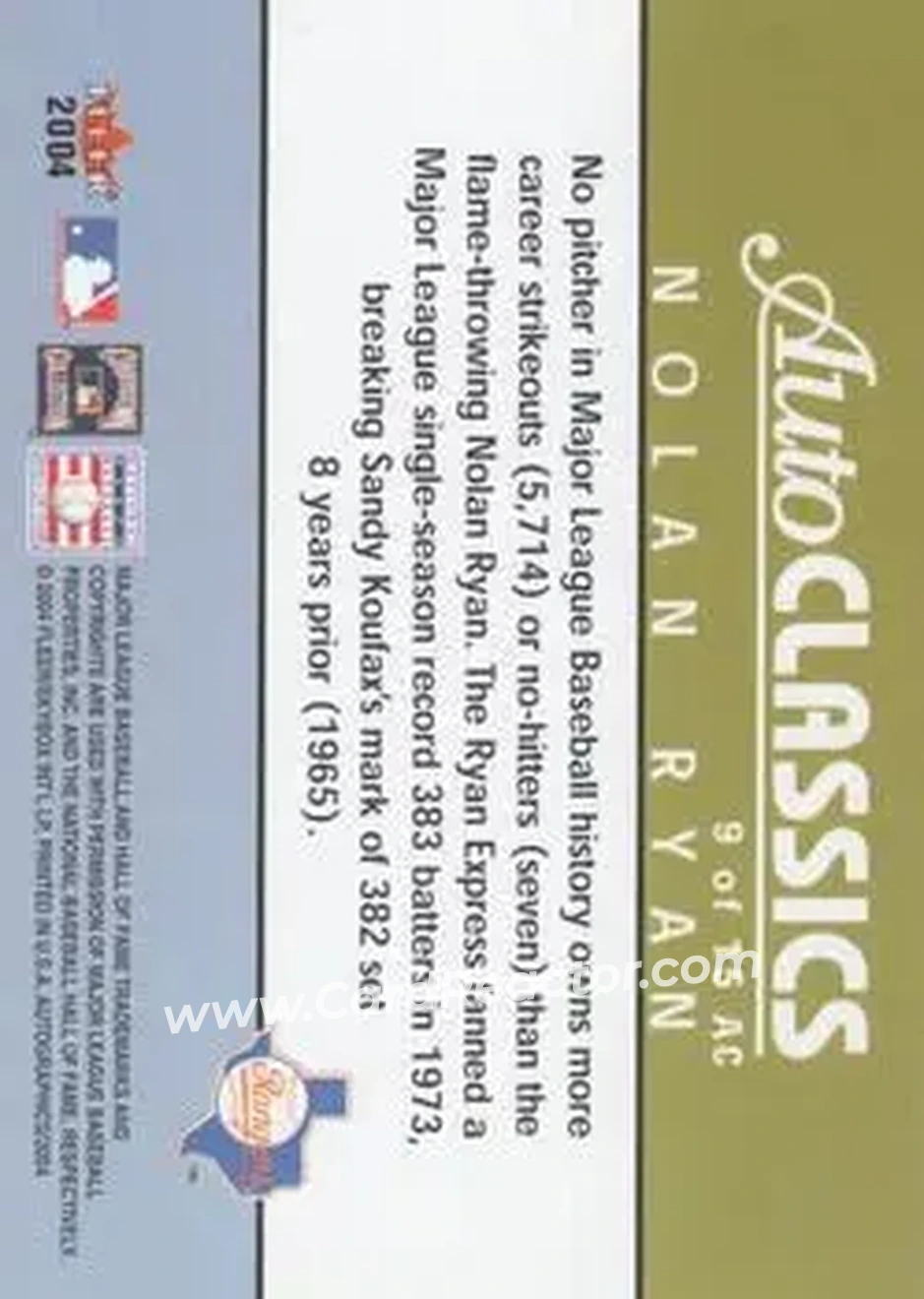 2004 SkyBox Autographics - Autoclassics #9 AC - Nolan Ryan - Texas Rangers - Back