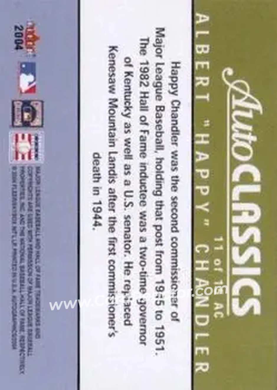 2004 SkyBox Autographics - Autoclassics #11 AC - Happy Chandler - Back 2004 SkyBox Autographics - Autoclassics #11 AC - Happy Chandler - Back