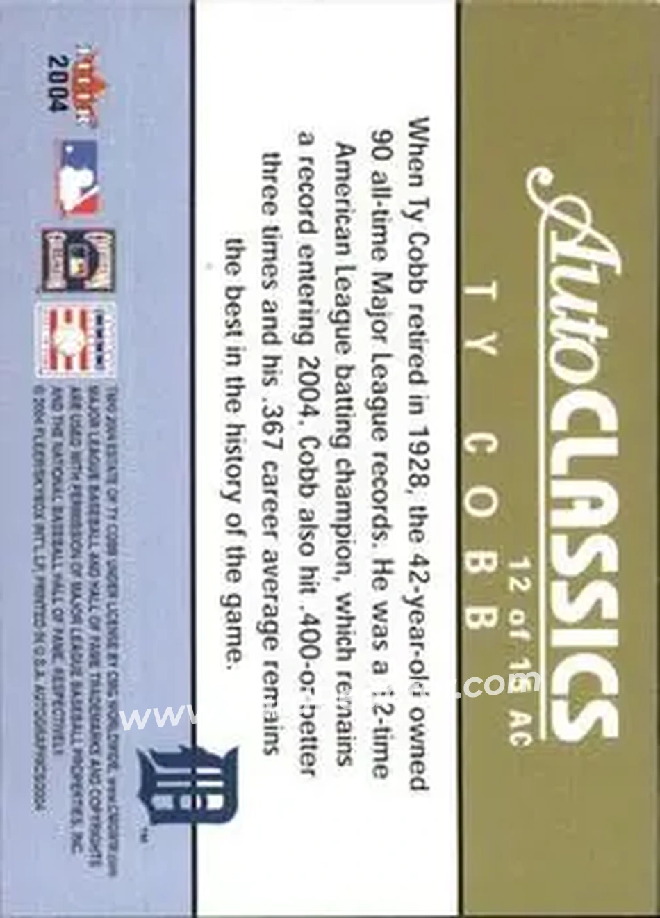 2004 SkyBox Autographics - Autoclassics #12 AC - Ty Cobb - Detroit Tigers - Back