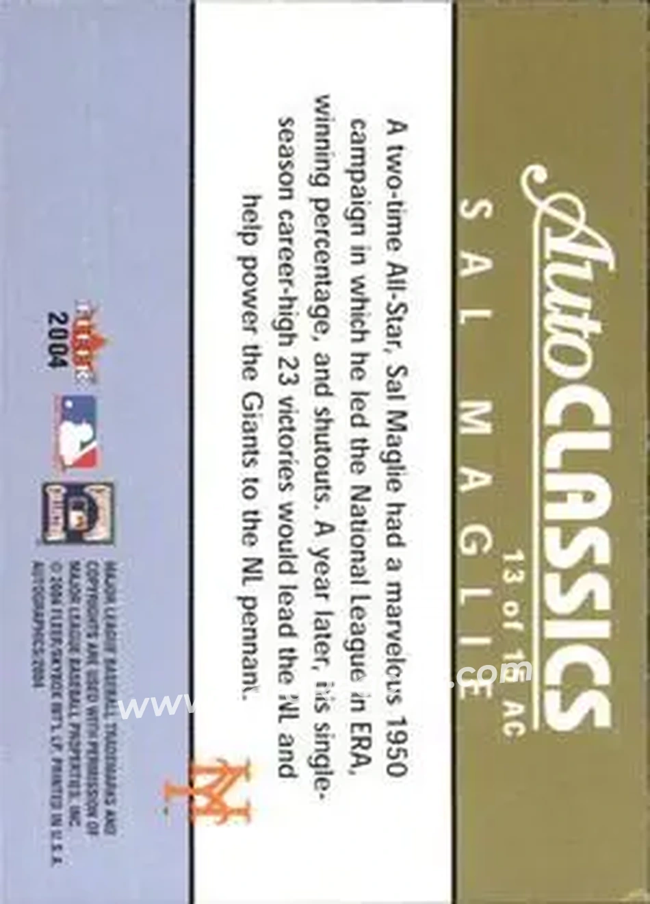 2004 SkyBox Autographics - Autoclassics #13 AC - Sal Maglie - New York Giants - Back