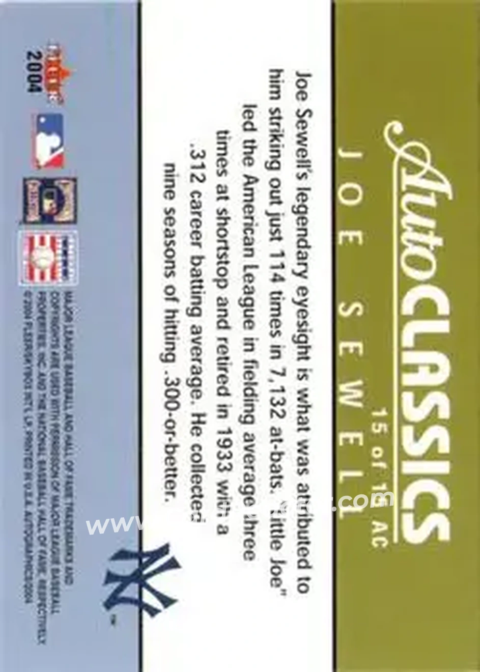 2004 SkyBox Autographics - Autoclassics #15 AC - Joe Sewell - New York Yankees - Back