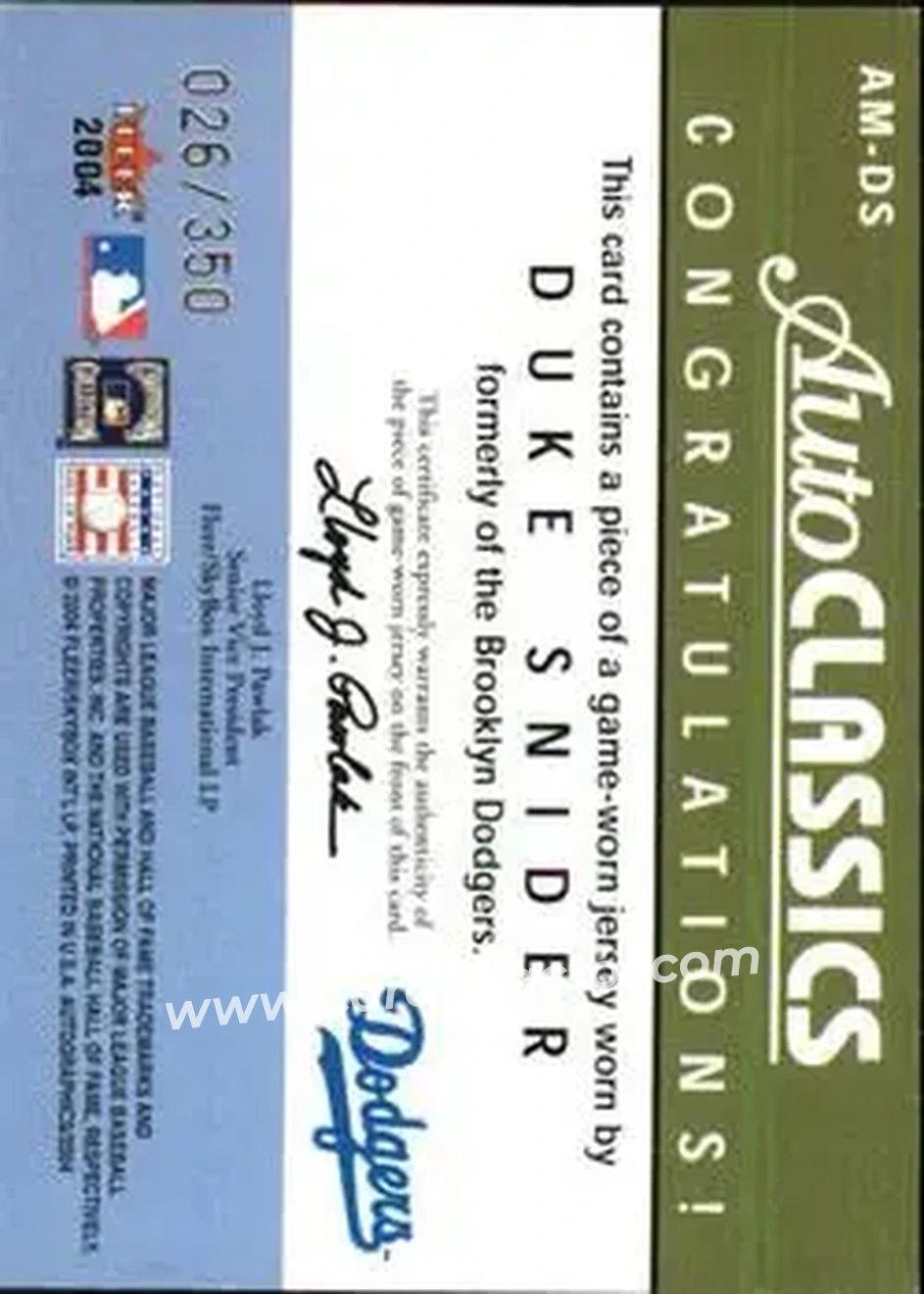 2004 SkyBox Autographics - Autoclassics Memorabilia #AM-DS - Edwin "Duke" Snider - Brooklyn Dodgers - Back