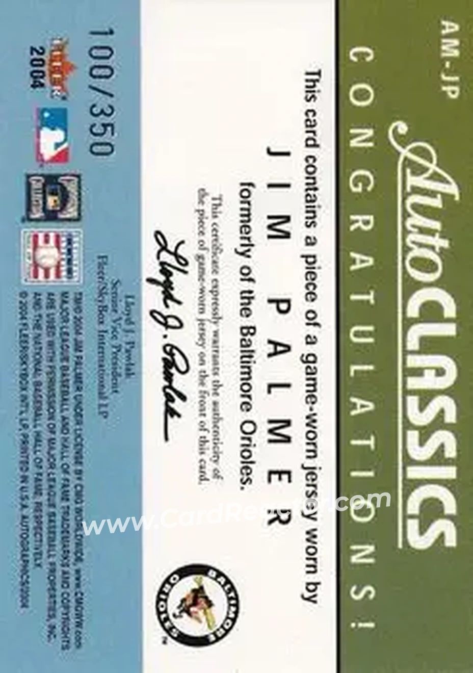 2004 SkyBox Autographics - Autoclassics Memorabilia #AM-JP - Jim Palmer - Baltimore Orioles - Back