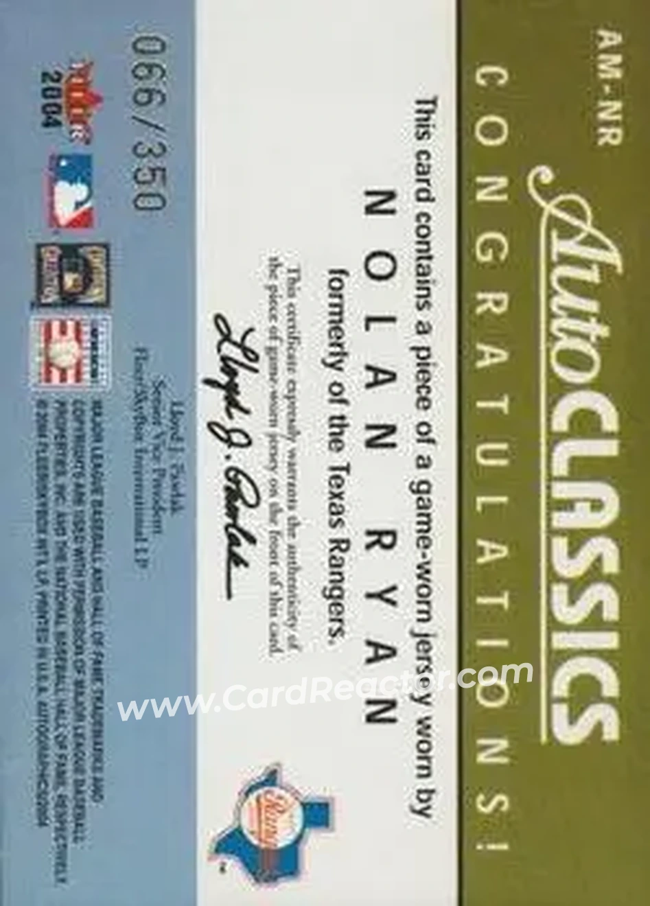 2004 SkyBox Autographics - Autoclassics Memorabilia #AM-NR - Nolan Ryan - Texas Rangers - Back