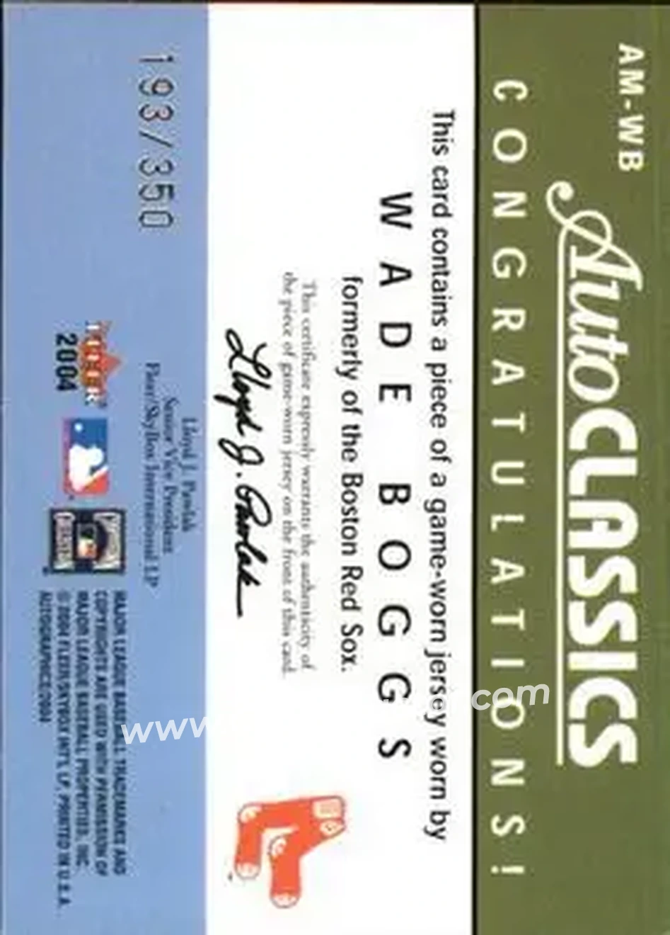 2004 SkyBox Autographics - Autoclassics Memorabilia #AM-WB - Wade Boggs - Boston Red Sox - Back 2004 SkyBox Autographics - Autoclassics Memorabilia #AM-WB - Wade Boggs - Boston Red Sox - Back