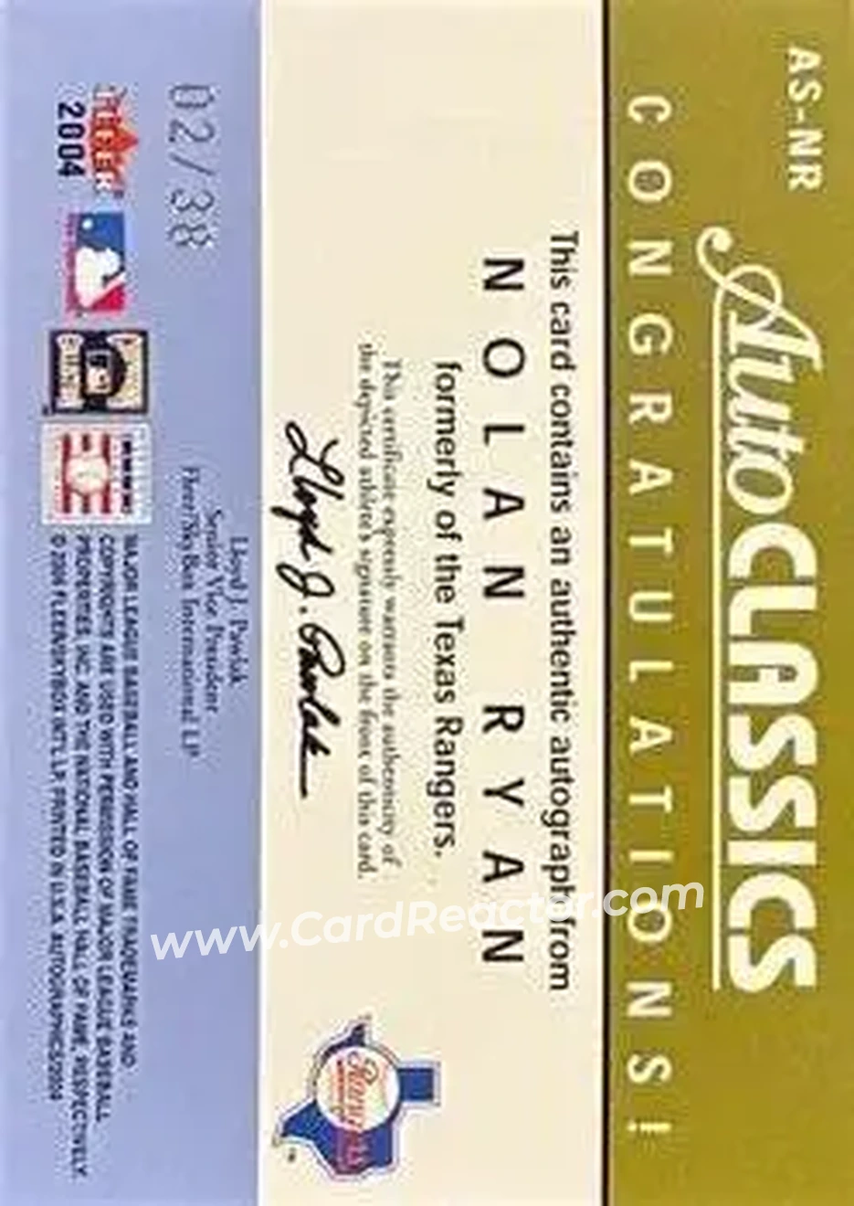 2004 SkyBox Autographics - Autoclassics Signature #AS-NR - Nolan Ryan - Texas Rangers - Back