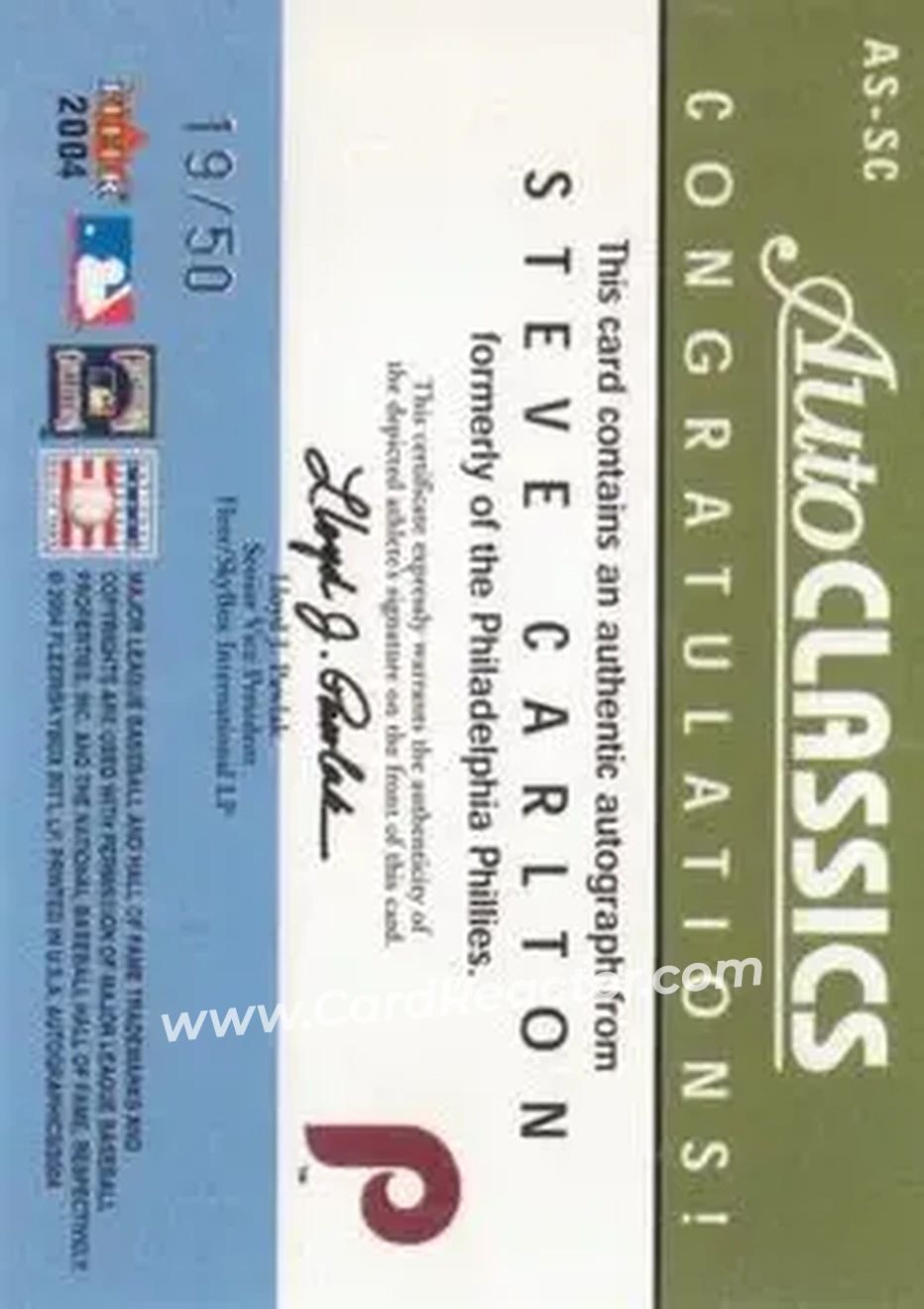 2004 SkyBox Autographics - Autoclassics Signature #AS-SC - Steve Carlton - Philadelphia Phillies - Back