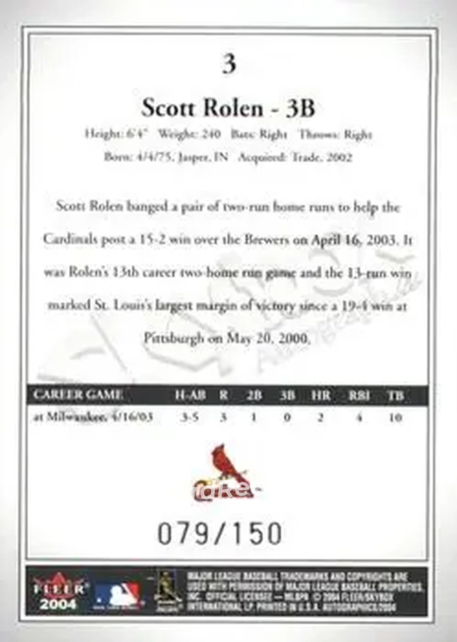 2004 SkyBox Autographics - Insignia #3 - Scott Rolen - St. Louis Cardinals - Back 2004 SkyBox Autographics - Insignia #3 - Scott Rolen - St. Louis Cardinals - Back