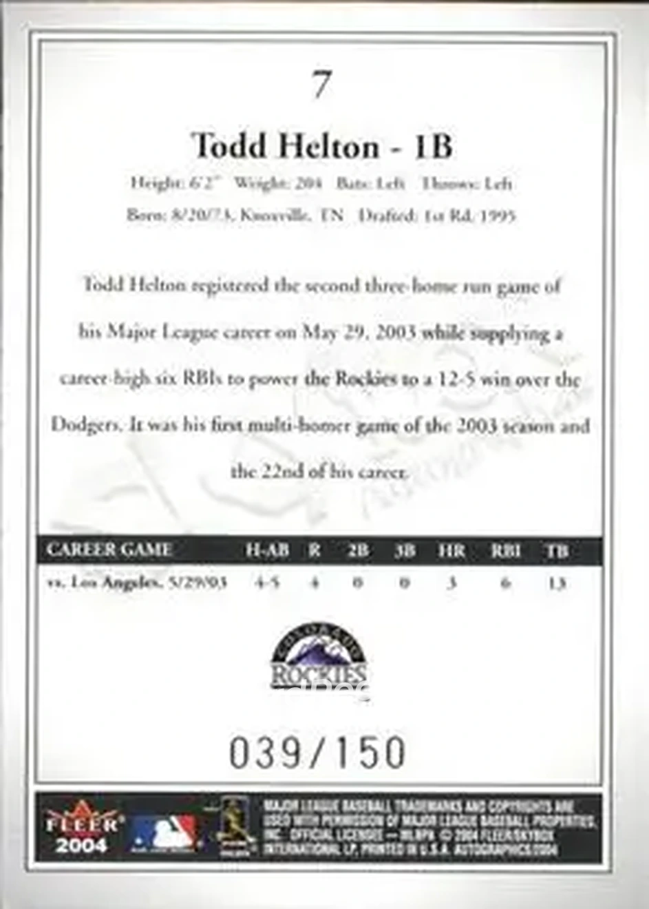 2004 SkyBox Autographics - Insignia #7 - Todd Helton - Colorado Rockies - Back