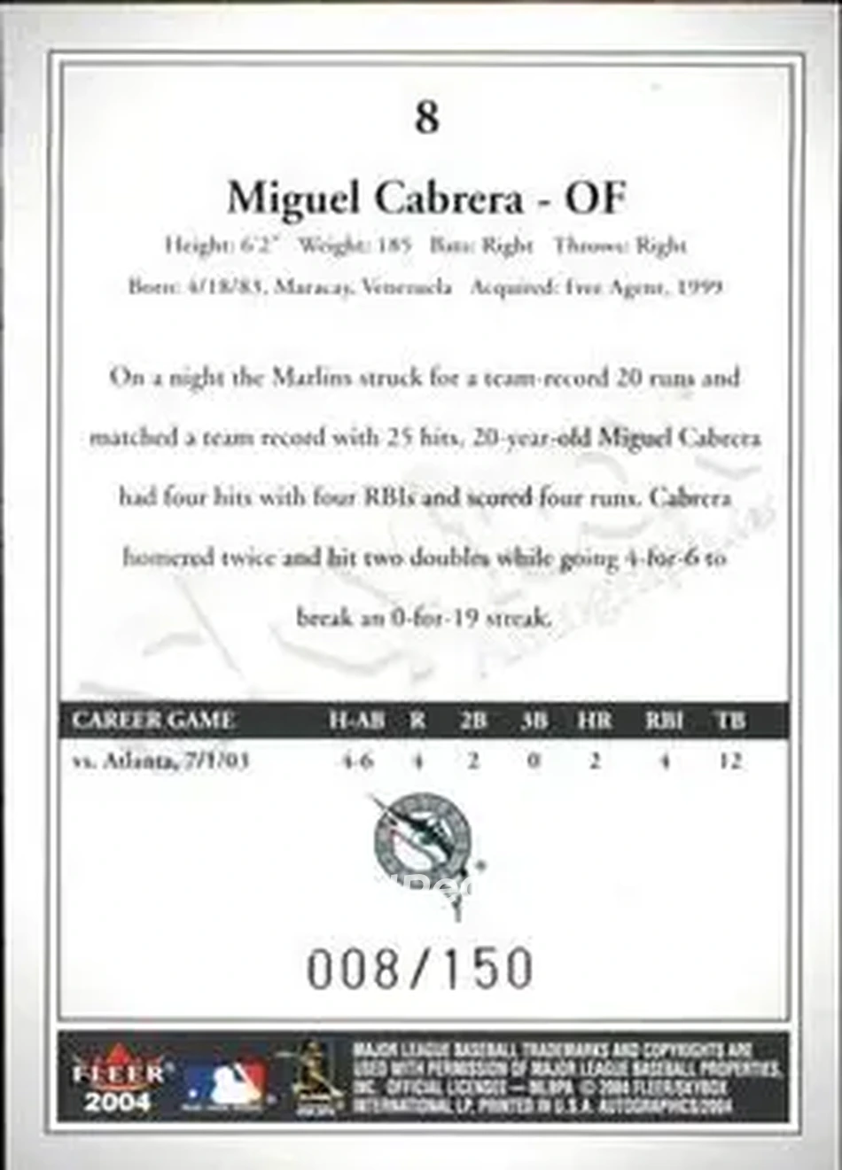 2004 SkyBox Autographics - Insignia #8 - Miguel Cabrera - Florida Marlins - Back