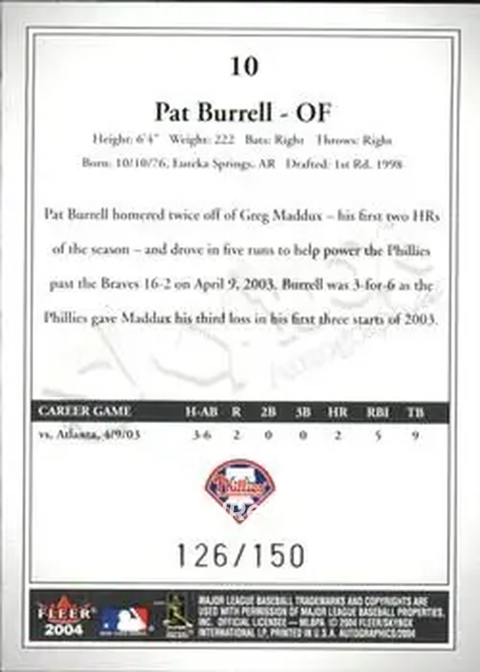 2004 SkyBox Autographics - Insignia #10 - Pat Burrell - Philadelphia Phillies - Back