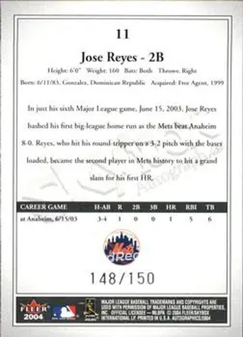 2004 SkyBox Autographics - Insignia #11 - Jose Reyes - New York Mets - Back