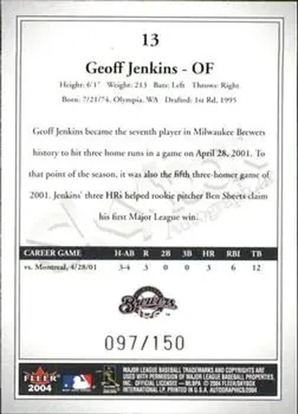 2004 SkyBox Autographics - Insignia #13 - Geoff Jenkins - Milwaukee Brewers - Back