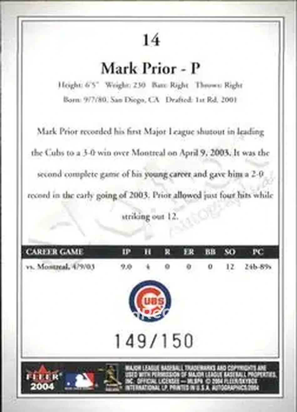 2004 SkyBox Autographics - Insignia #14 - Mark Prior - Chicago Cubs - Back 2004 SkyBox Autographics - Insignia #14 - Mark Prior - Chicago Cubs - Back