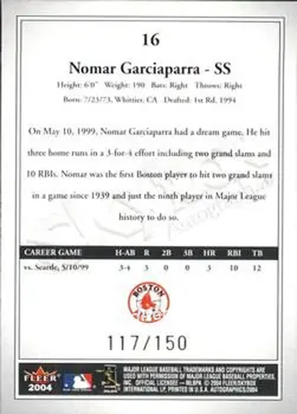2004 SkyBox Autographics - Insignia #16 - Nomar Garciaparra - Boston Red Sox - Back