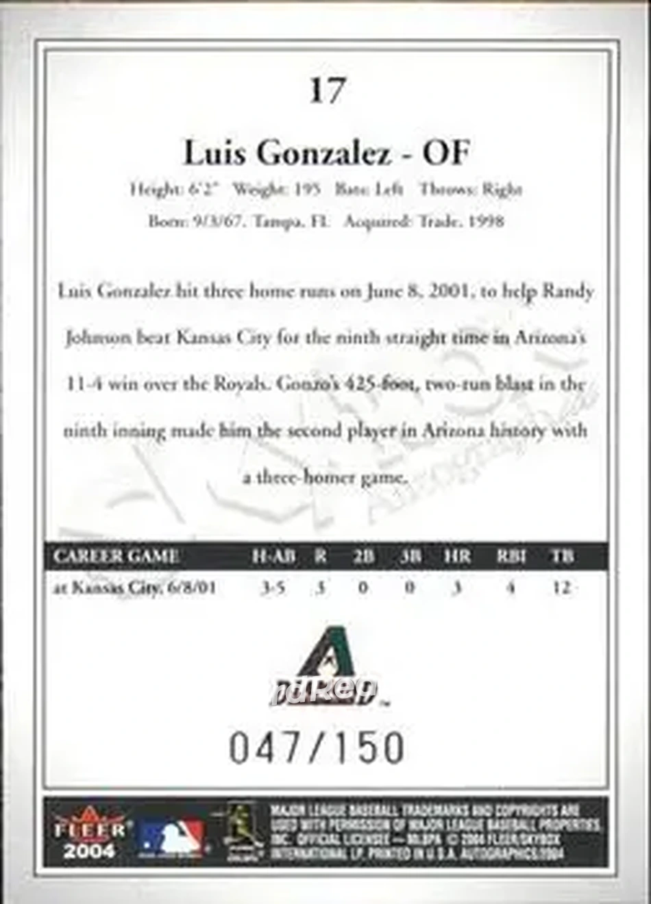 2004 SkyBox Autographics - Insignia #17 - Luis Gonzalez - Arizona Diamondbacks - Back