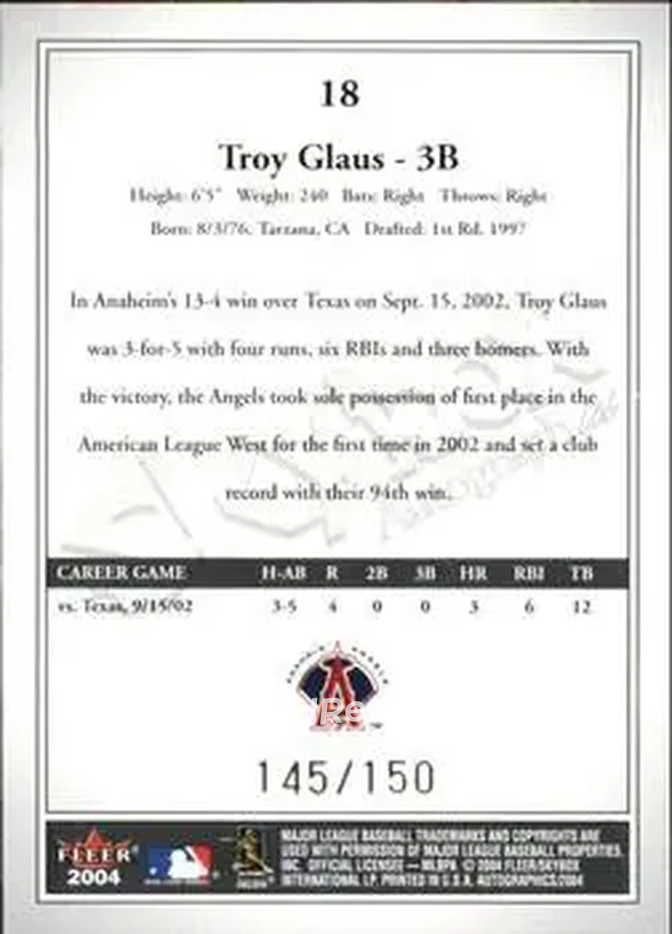 2004 SkyBox Autographics - Insignia #18 - Troy Glaus - Anaheim Angels - Back