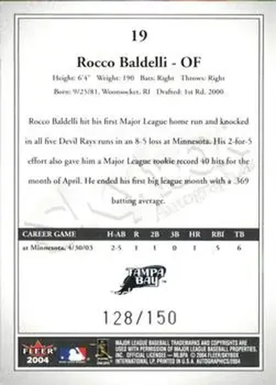 2004 SkyBox Autographics - Insignia #19 - Rocco Baldelli - Tampa Bay Devil Rays - Back 2004 SkyBox Autographics - Insignia #19 - Rocco Baldelli - Tampa Bay Devil Rays - Back