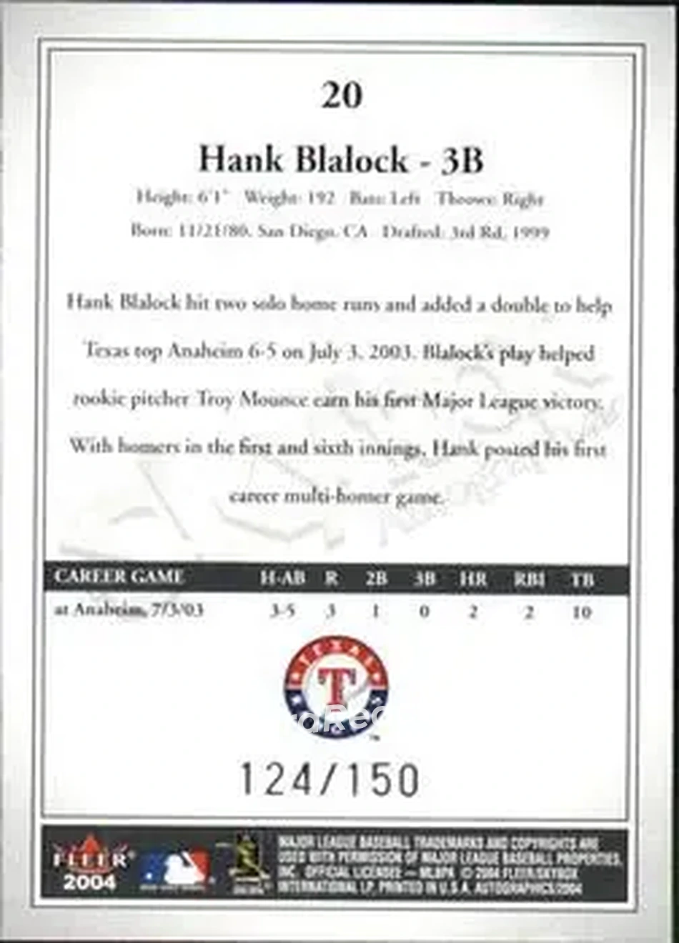 2004 SkyBox Autographics - Insignia #20 - Hank Blalock - Texas Rangers - Back 2004 SkyBox Autographics - Insignia #20 - Hank Blalock - Texas Rangers - Back