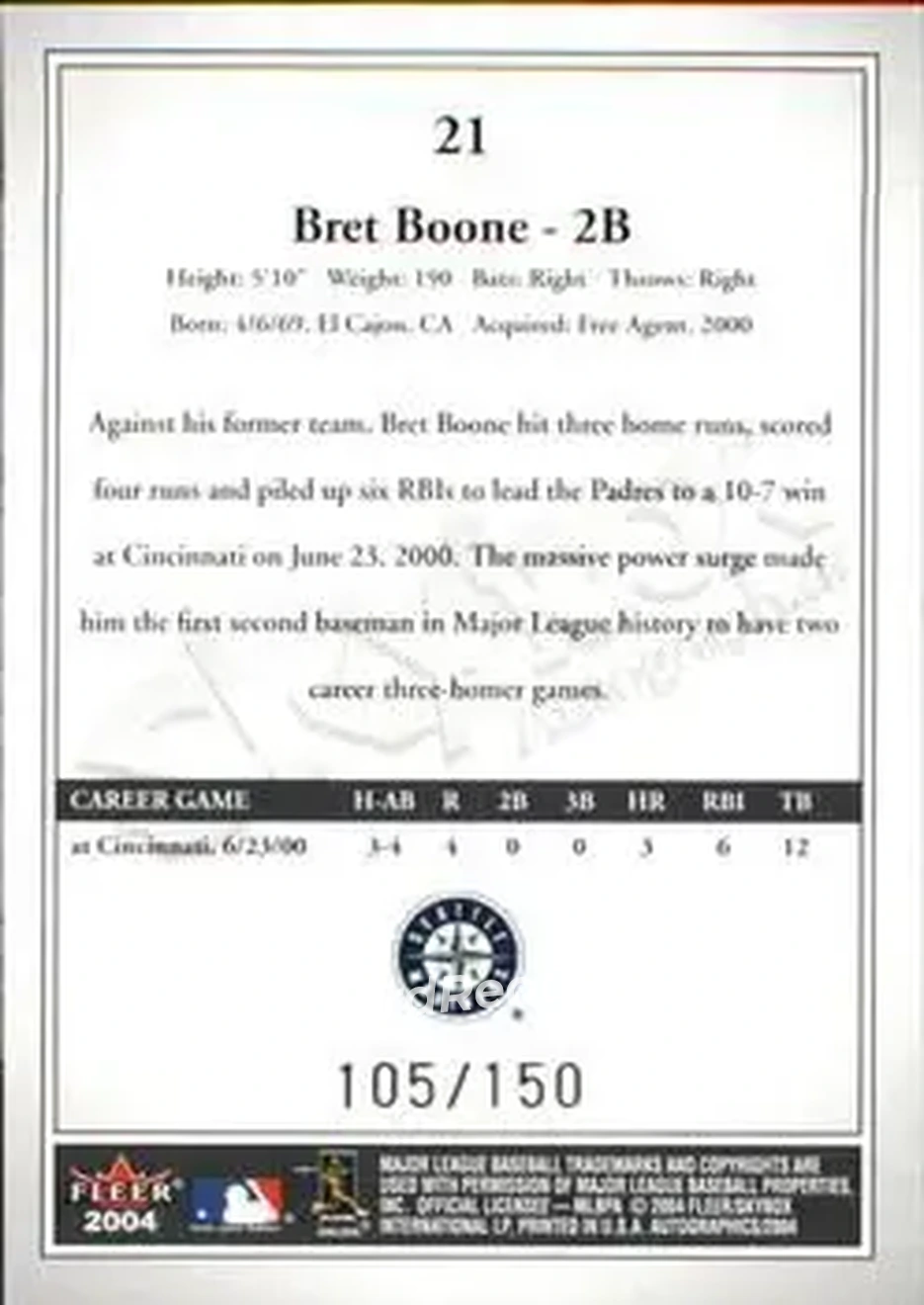 2004 SkyBox Autographics - Insignia #21 - Bret Boone - Seattle Mariners - Back 2004 SkyBox Autographics - Insignia #21 - Bret Boone - Seattle Mariners - Back