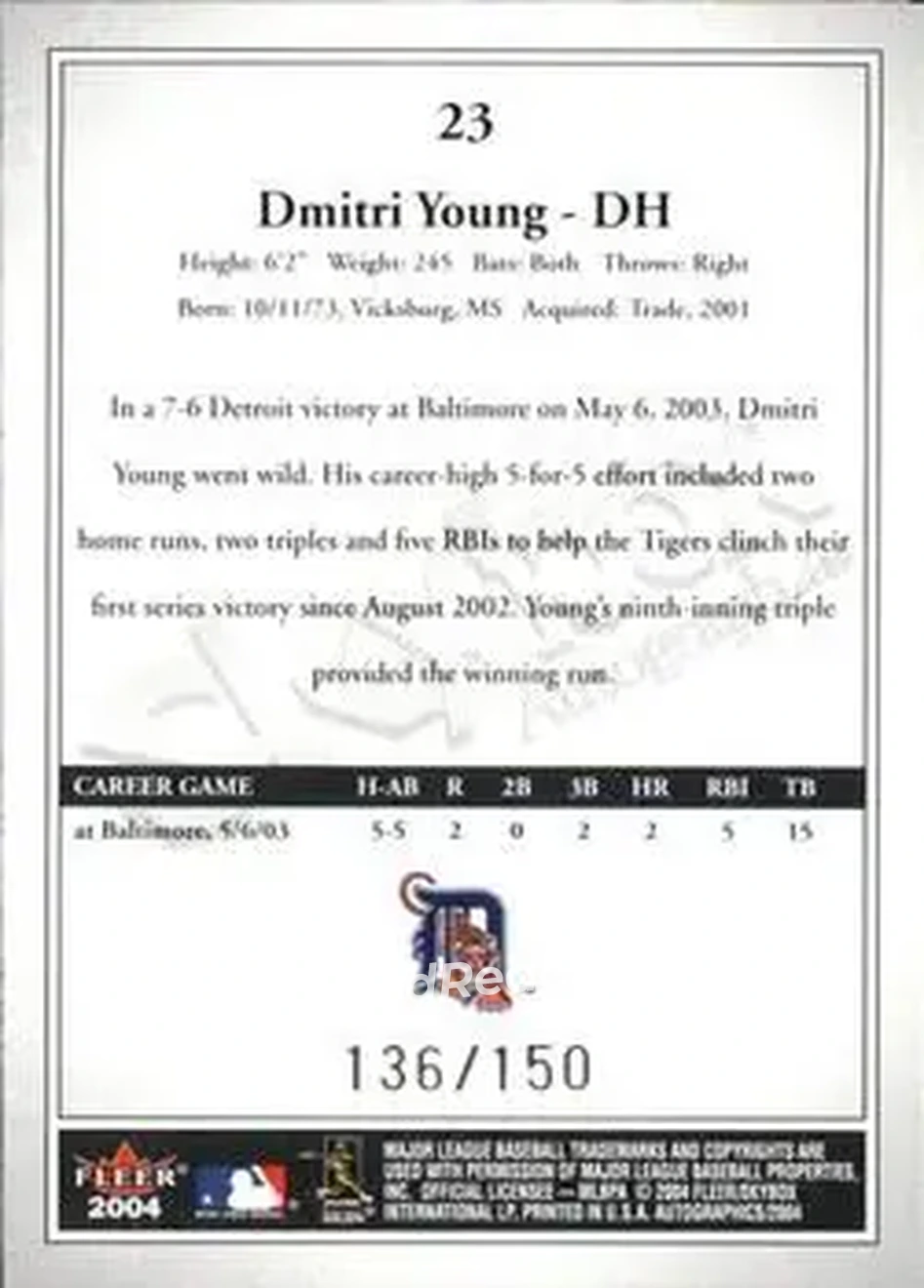 2004 SkyBox Autographics - Insignia #23 - Dmitri Young - Detroit Tigers - Back