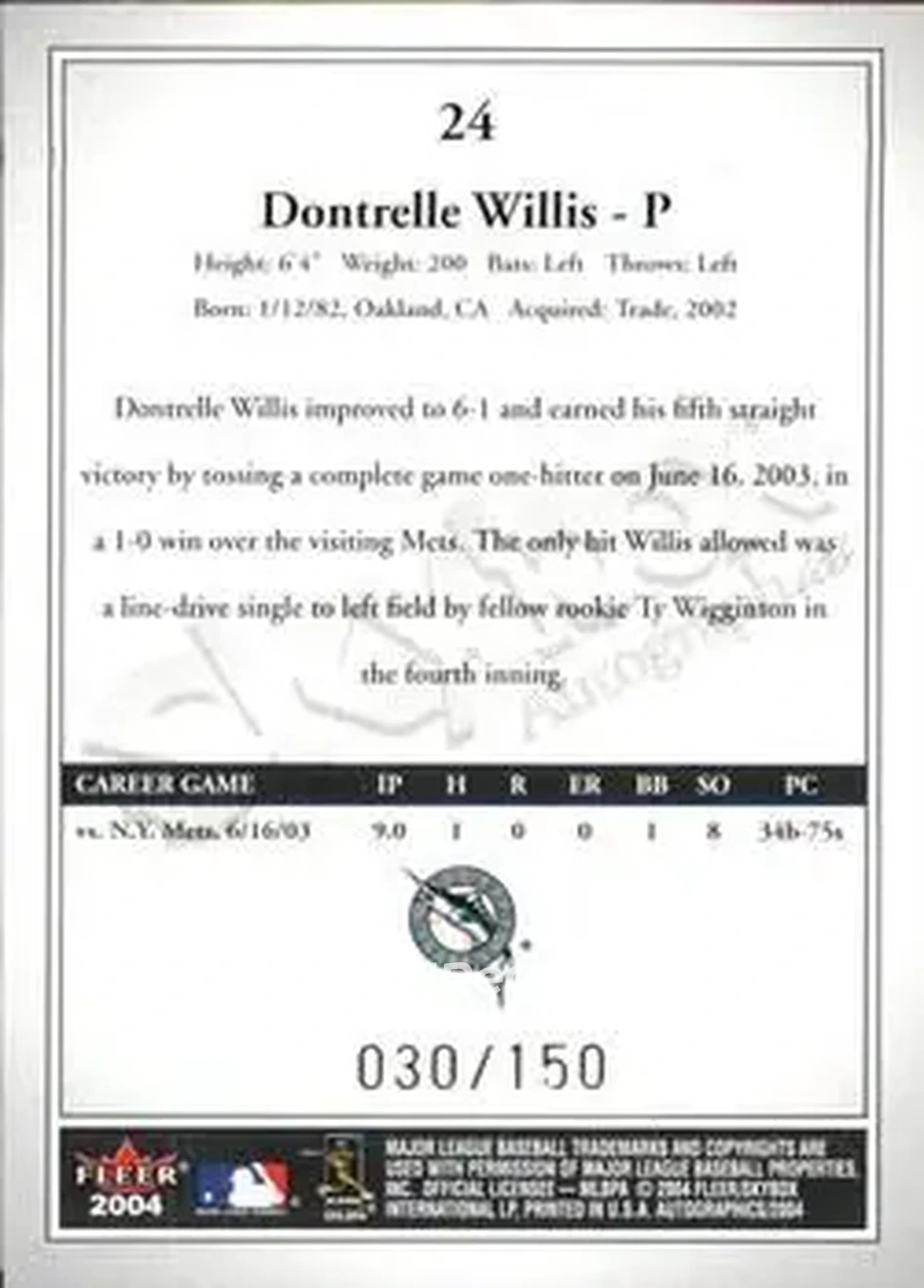 2004 SkyBox Autographics - Insignia #24 - Dontrelle Willis - Florida Marlins - Back